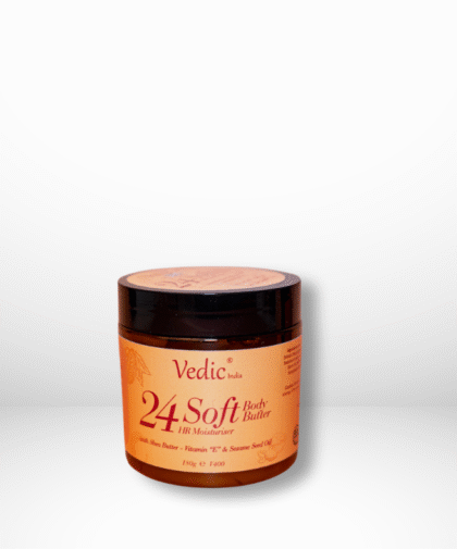 Vedic 24-Hour Body Butter jar with shea butter, vitamin E, and sesame seed oil – nourishing skin moisturizer for face and body